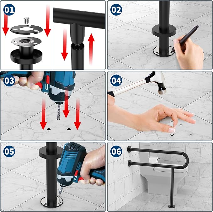 Toilet Support Rail w/Toilet Paper Holder 31.5x28 Inch, ZUEXT Wall to Floor Matte Black Anti-slip Handicap Grab Bar for Bathroom,Stainless Steel Safety handrails with Leg for Elderly Disabled Pregnant