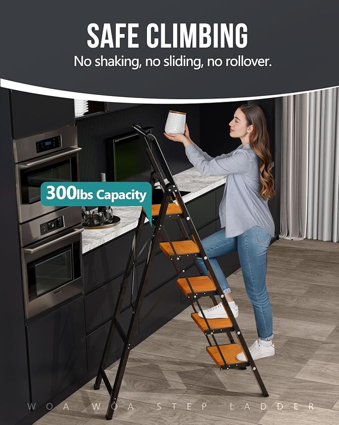 WOA WOA 5 Step Ladder, Ladders for Home, Anti-Slip Pedals, Aluminum Step Stool Foldable, Lightweight to Move, Ease of Storage, Reach 10ft for Closet Kitchen Library, Hold 300lbs - Black&Wood Grain