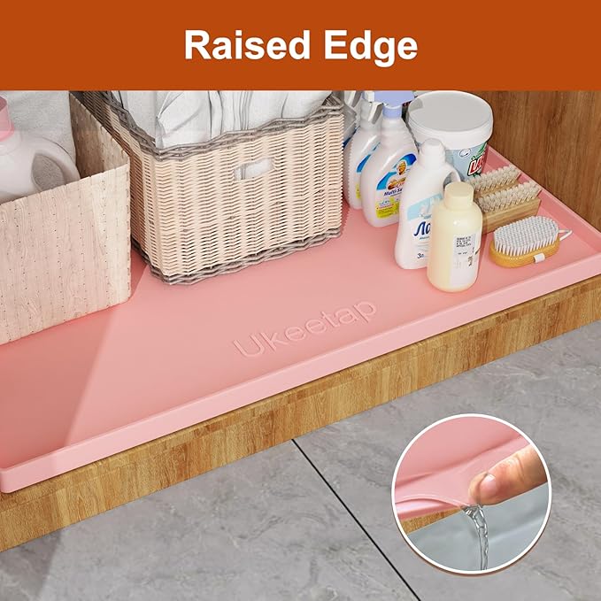 ukeetap Extra Thick Silicone Mat Waterproof with Raised Edge 22" x 19", Under Sink Mat for Kitchen & Bathroom, Kitchen Cabinet Liner, Multi-Purpose for Storage & Protection, Pink