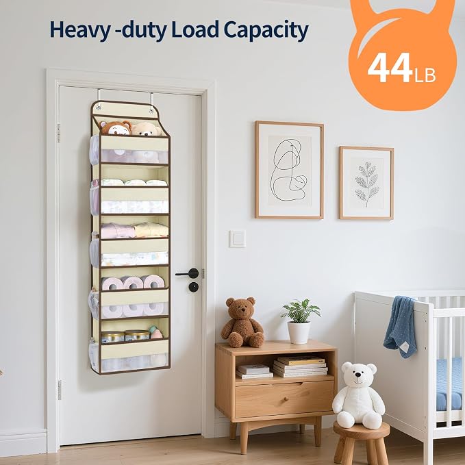 Yecaye Over The Door Organizer Storage, 5-Tier Heavy Duty Door Organizers Hanging with 10 Side Mesh Pockets, 44 lbs Load Capacity Behind Door Storage for Bathroom Nursery Bedroom Dorm Closet,Beige,1Pc