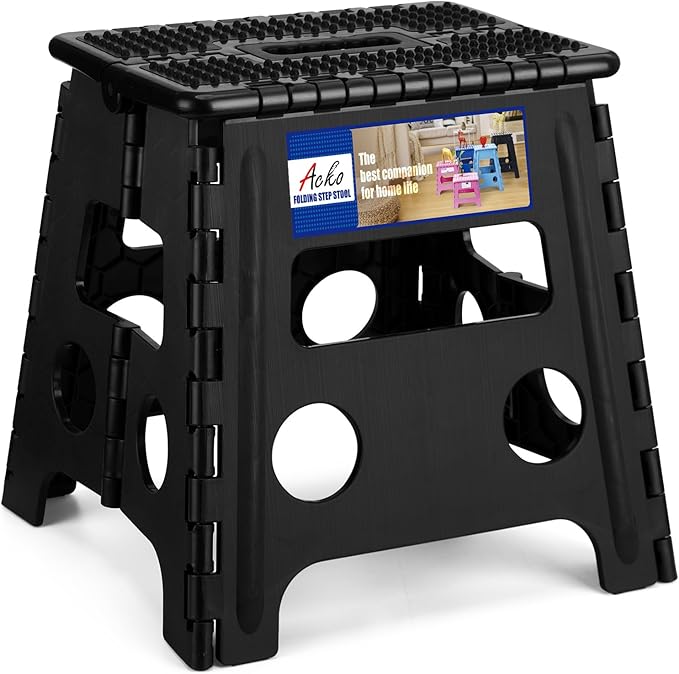 ACKO Folding Step Stool 13 inch Height Premium Heavy Duty Foldable Step Stools for Adults and Kids, Kitchen Plastic Small Collapsible Stepping Stool Hold Up to 300 LB Dot Black (1 Pack)