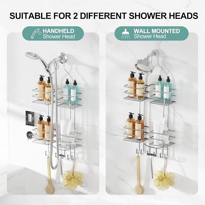 SRIWATANA Shower Caddy Organizer Hanging Over Head, Bathroom Shower Rack Hanger with Hooks for Razors - Chrome