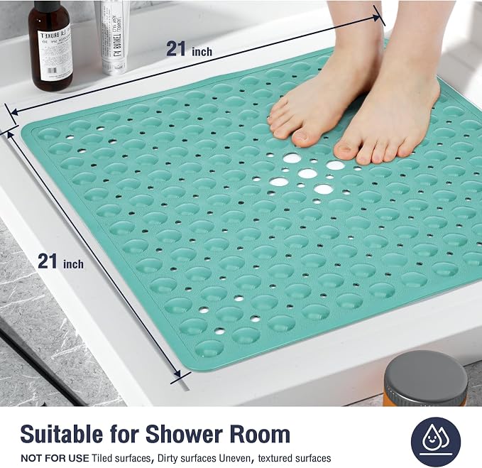 Square Shower Bathtub Mat Non Slip for Inside Shower Mars Green 21x21 Inch, Shower Stall Mats for Bathroom Floor, Soft Bath Mat for Tub with Big Suction Cups Drain Holes, Easy Washable Dry