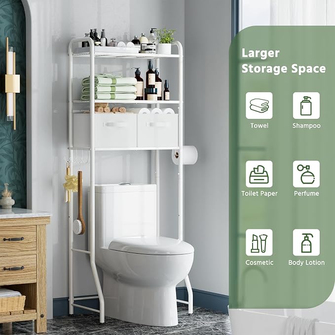 Simple Trending Over The Toilet Storage Rack with Drawers, Metal 3 Tier Bathroom Organizer Shelf with Paper Holder and 3 Hooks, White