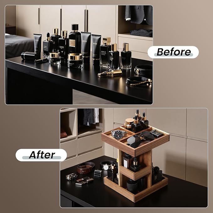 EXIN DECHEN Cologne Organizer for Men,Cologne Stand,3 Tier Wooden Perfume Shelf with Rotate,Desk Organizer,Gift for Dad From Wife,Husband Boyfriend Birthday Gift Ideas,Fathers Day Gift for Men