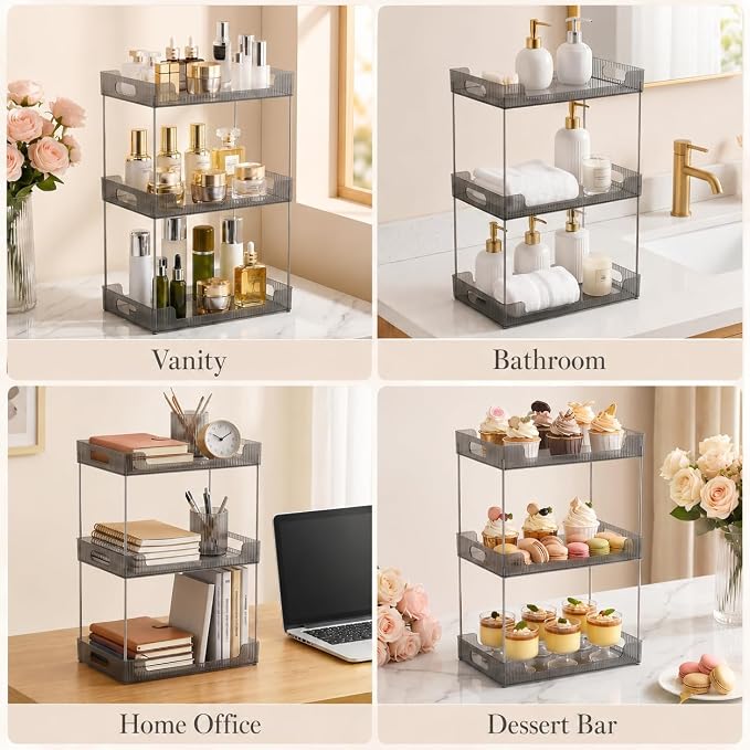 Goderewild Bathroom Counter Organizer, Multi-Purpose Cosmetics Skincare Shelf, Makeup Organizer for Vanity Tray, Countertop Storage Solution for Kitchen and Bath. (Smoky Gray, 3-Tier)