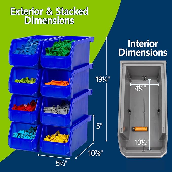ReadySpace Plastic Containers for Organizing and Storage Bins for Closet, Kitchen, Office, Garage or Pantry Organization, Stackable Bins, Medium (11" x 5" x 5.5"), 8-Pack, Blue