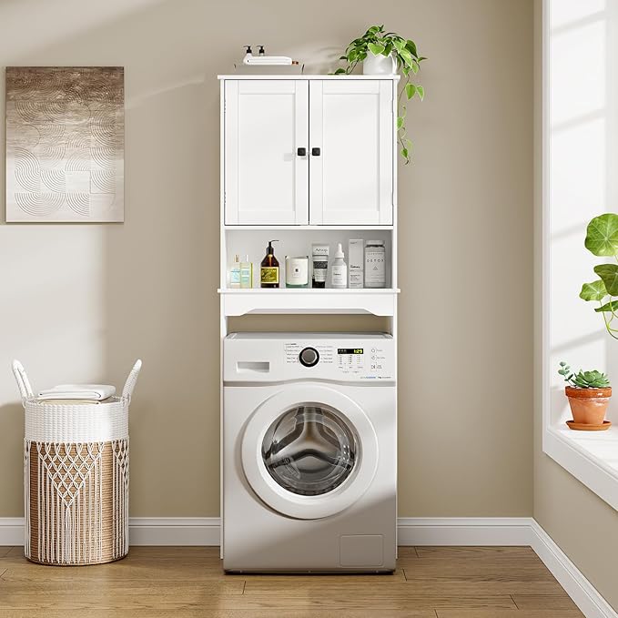 RRX Over The Toilet Storage Cabinet,Bathroom Above Toilet Cabinets Organizer, 24.8" L x 9.1 "W x 65.7 "H Free Standing Toilet Rack with Adjustable Shelf and Open Storage,Double Doors(Pure White)