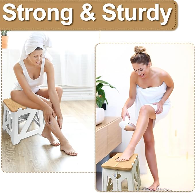 Shower Stool for Shaving Legs, 1 Pack Foot Rest Folding Stool Step to Shave Legs Shaving for Inside Shower Foldable Small Waterproof Plastic Corner Khaki White