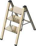 3 Step Lightweight Folding Ladder for Home, 330lbs Aluminum Step Ladder Anti-Slip for Kitchen, Step Stool Foldable Adults for Closet, 330lbs - Champagne Gold
