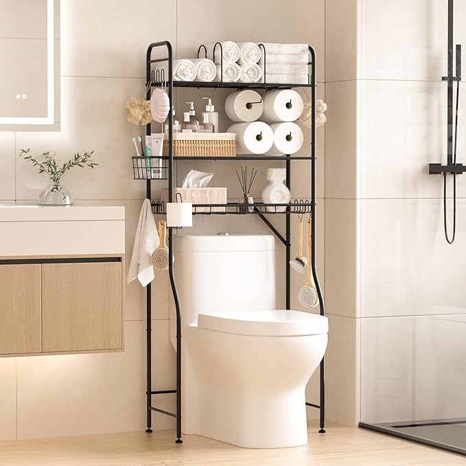 TETOTE Over The Toilet Storage Rack, 3-Tier Bathroom Organizer Shelf Over Toilet with Toilet Paper Roll Holder, Freestanding Metal Rack, Black