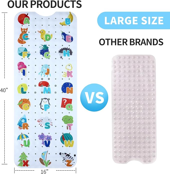 Baby Bath Mat for Tub Non Slip Kids Bathtub Mat Extra Long 40X16 Inch Toddler Bath Tub Shower Mat Anti Slip with Suction Cups & Drain Holes, Machine Washable (Alphabet)