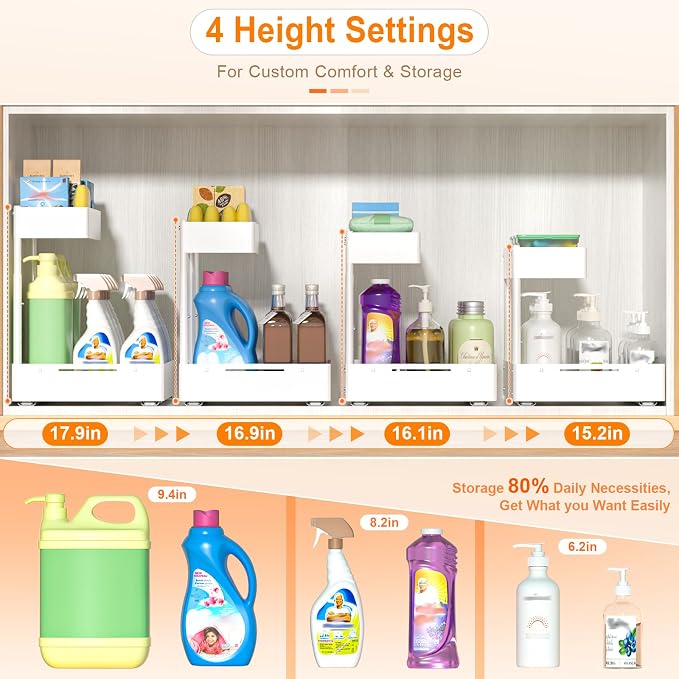 YJHome 2 Pack Expandable Under Sink Organizer, 2 Tier Pull Out Cabinet Organizer with Smooth Ball Bearing Slides, Adjustable Height Cabinet Storage Shelves for Kitchen, Bathroom, Laundry, Pantry