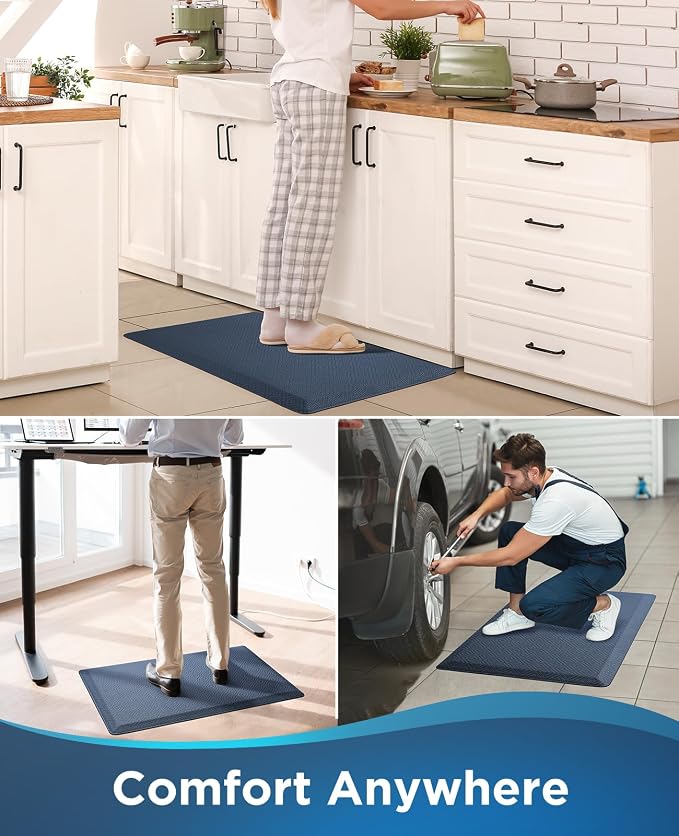 Ophanie Kitchen Mats for Floor, 1/2 inch Thick, 20x32 Anti Fatigue Cushioned Mat, Kitchen Rugs, Waterproof, Comfort Ergonomic Standing Mat for Office, Home, Sink, Blue Non-Slip Ridged Bottom
