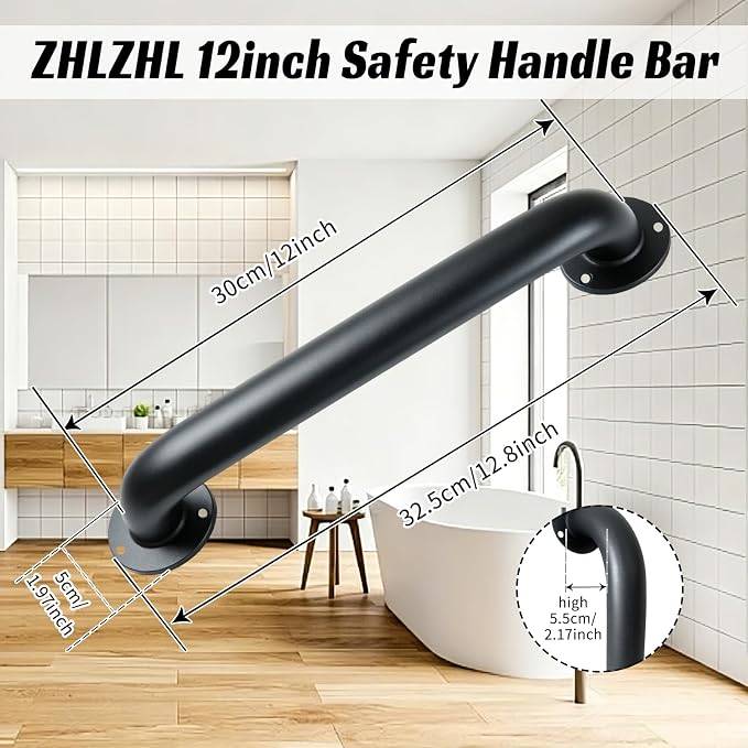 12 INCH Metal Stair Handrail 2pcs Wall Mount Handrail Indoor Safety Grab Bar for Stairs Handicap Grab Bars for Seniors Elderly,for Bathroom, Shower, Toilet-Matte Black