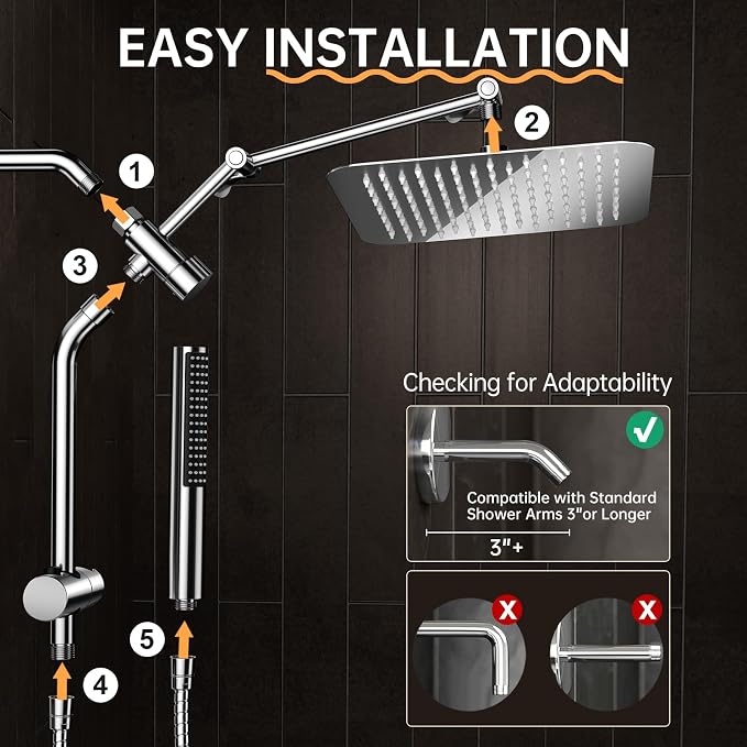 Veken All Metal 10" Shower Head with Handheld, Luxurious Square Double Rain Shower Heads with Spray Combo, Dual High Pressure Detachable Rainfall Showerhead with Extension Arm, Long Hose,Chrome,Sliver
