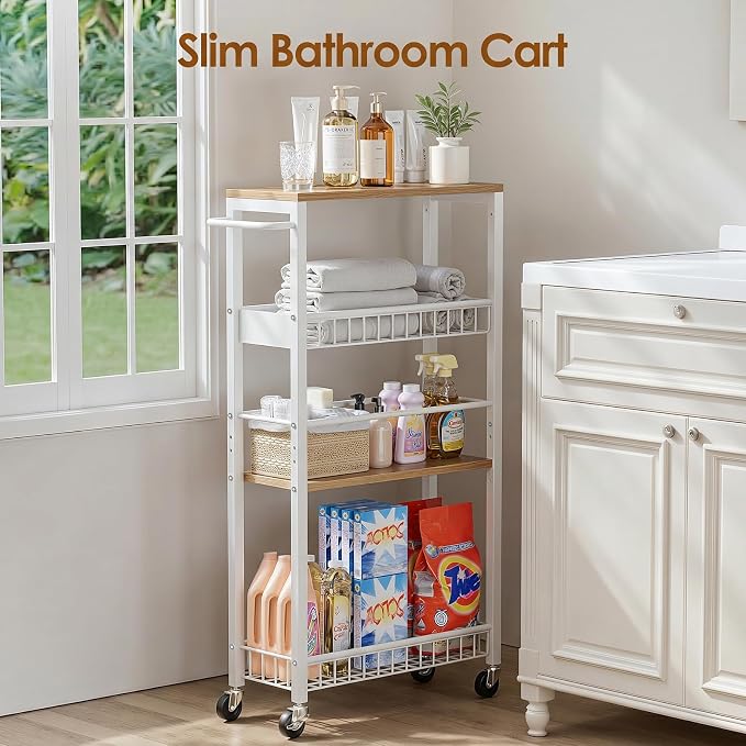 Slim Storage Rolling Cart, 4 Tier Narrow Cart with Wheels, Metal Kitchen Rolling Cart for Small Spaces, Slide Out Storage Shelves for Kitchen, Laundry Room, Bathroom, Living Room, 7.1in(W)