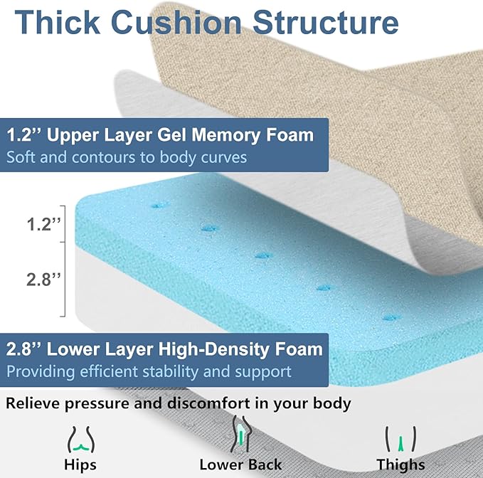 Shinnwa Gel Memory Foam Recliner Cushion for Elderly, Extra Large Seat Cushion, Dual-Layer Foam Chair Pad for Couch, Armchair, Wicker Chairs, Floor, 18 × 18 × 4in, Beige