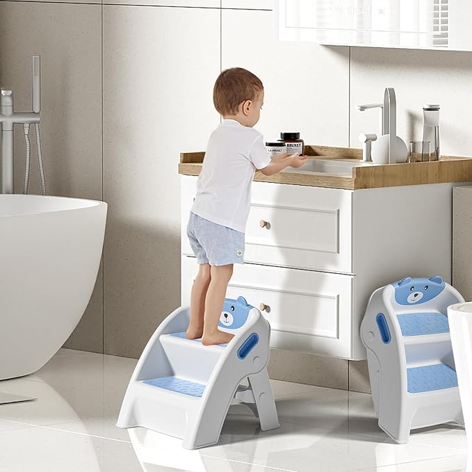 TPN Toddler Step Stool for Bathroom Sink and Potty Training Durable Anti-Slip,Anti-Tip A-Frame,10-Second Assembly, 2-Step Potty Stool with Wide Steps (Light Blue)