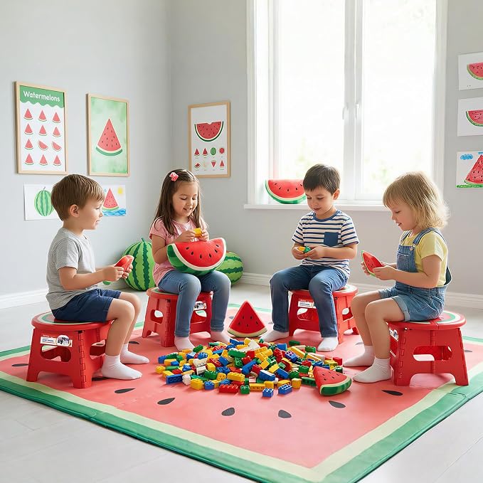 ACSTEP Folding Step Stool 9 Inch, Sturdy Collapsible Step Stool Foldable Up to 265 lb for Kids Toddlers & Adults, Non Slip Foot Stools w/Handle for Kitchen, Bathroom, Bedroom, Outdoor, Watermelon Red