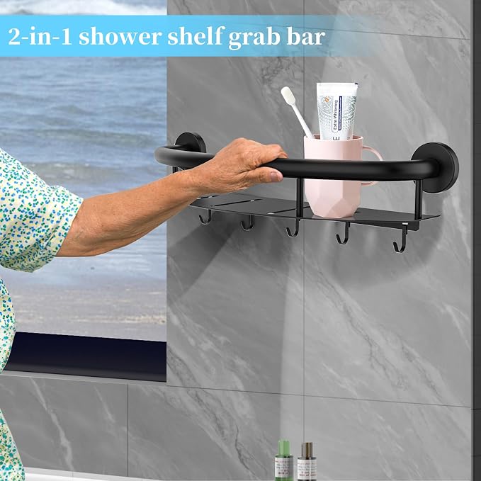Munzong 18 Inch Shower Grab Bar w/Storage Shelf, Black Stainless Steel 2 in 1 Bathroom Balance Bar, Safety Hand Rail Support Senior Assist Bath Handle