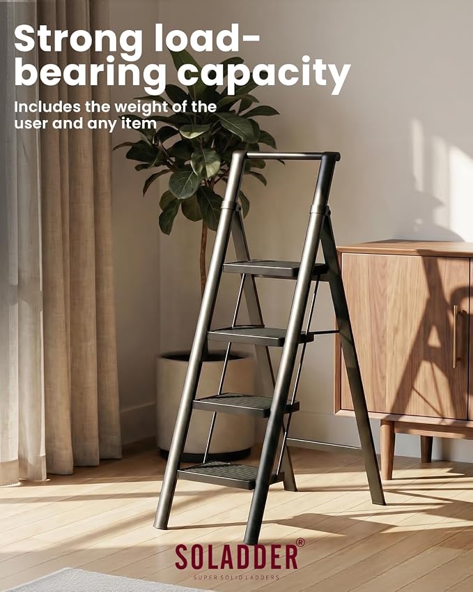 SOLADDER 4 Step Ladder with Handrails, Anti-Slip and Foldable Step Stool with Widen Pedals, Portable Stepladders for Home, Kitchen and Indoor, Space Saving -300lbs (Black)