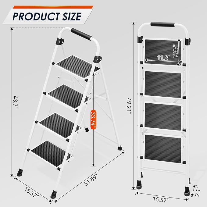 Urackify Step Ladder, 4 Step Ladder with Anti-Slip and Wide Pedal, Portable Foldable Step Stool with Handgrip, Sturdy Step Ladder for Home Kitchen Household, White