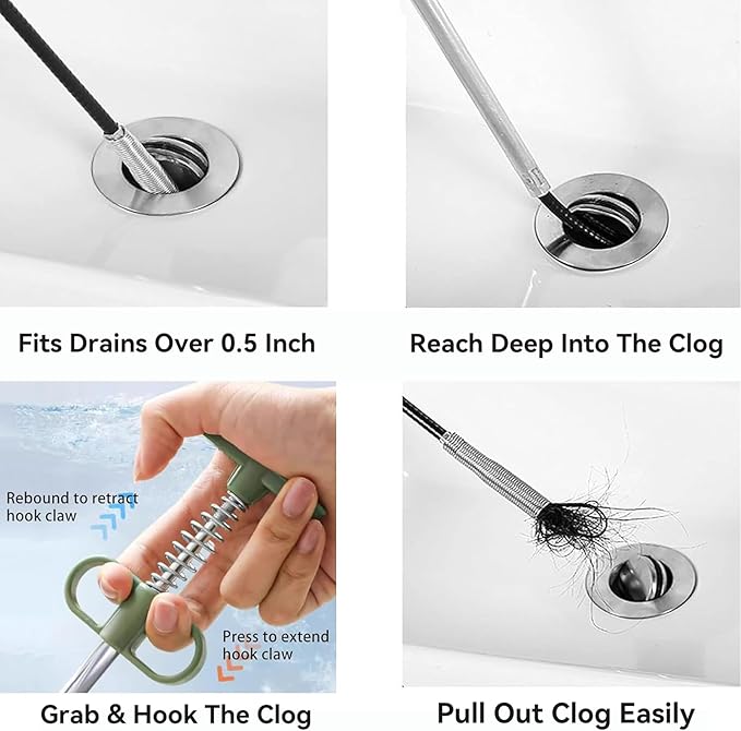 Upgrade 33 Inch Drain Snake Clog Remover with Stronger Claw, Flexible Grabber Tool with Bonus 60 Inch Drain Brush