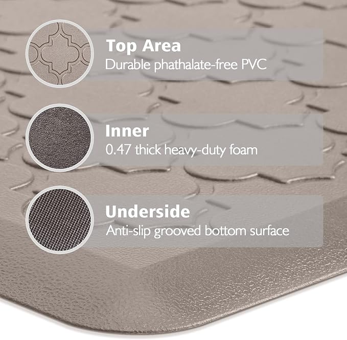 WISELIFE Kitchen Mat Cushioned Anti Fatigue Floor Mat,17.3"x39", Thick Non Slip Water Resistant Kitchen Rugs and Mats,Heavy Duty PVC Foam Standing Mat for Kitchen,Floor,Home,Desk,Sink,Laundry,Khaki