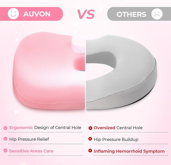 AUVON Innovative Donut Pillow Hemorrhoids Scientific Center Hole and Tailbone Cutout, Orthopedic Pain Relief Donut Seat Cushion for Coccyx, Sciatica, After Surgery Sitting Relief