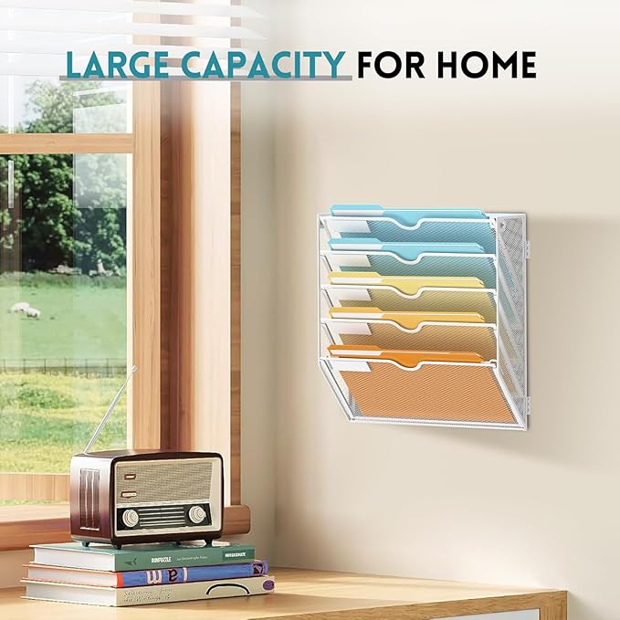 SUPEASY 5 Tier Wall File Organizer, Hanging Wall Mounted Mail Organizer with Label Slots, Metal Mesh File Holder Magazine Rack for Office, Home, School or Classroom, White