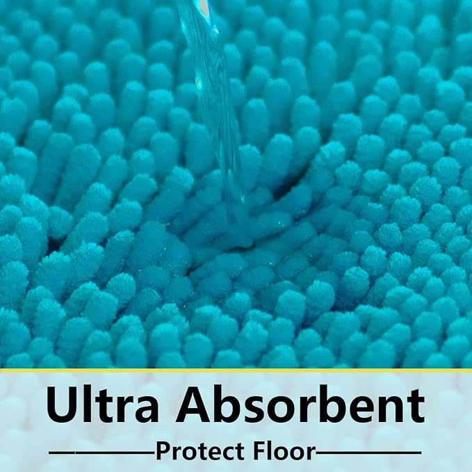 Bathroom Rugs Chenille 3-Piece Extra Soft and Absorbent Shag Bathroom Rugs, Machine Wash Mat, Strong PVC Non-Slip Underside, Plush Carpet Mats (Turquoise)