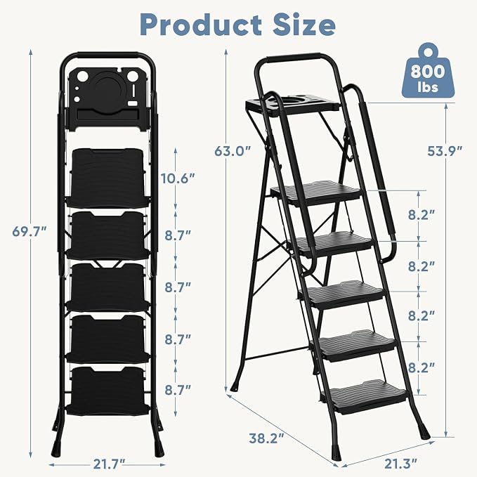 Simple Deluxe 5 Step Ladder with Tool Platform, 900 lbs Sturdy Step Stool with Handrail, Step Stool for Adults, Step Ladder for Home Kitchen and Outdoor, Black