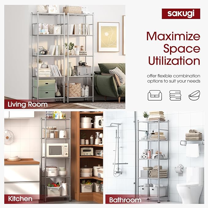 Sakugi Storage Shelves - Set of 2, 5-Tier Metal Shelf Organizer, Space-Saving Garage Shelving with Leveling Feet, Standing Shelves Organizer for Kitchen, Laundry, Pantry (18.4"x12.6"x57.4", Silver)