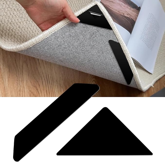 16Pcs Carpet Stickers for Area Rugs, Non-Slip Rug Grippers, Rug Corners to Hold Rug in Place, Heavy Duty Rug Tape for Tile, Stair Rugs, Hardwood Floors No Damage & Hard Floors, Black