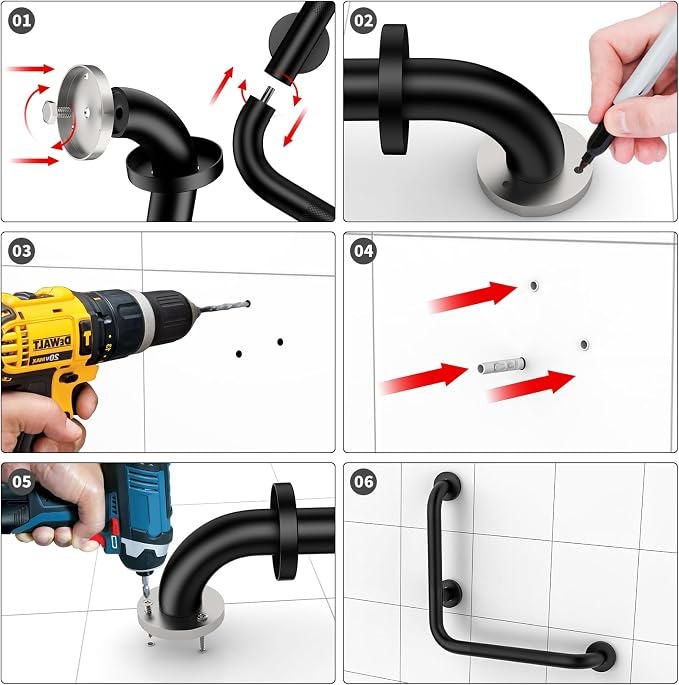 16 Inch Angled Grab Bar, iHansee Anti Slip L-Shaped Shower Grab Bar w/ 16 Inch Straight Bathroom Balance Bar, Knurled Stainless Steel Safety Handle for Seniors Elderly Injury Handicap, Matte Black
