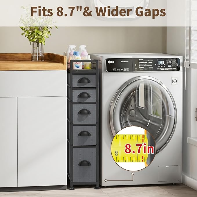 LASZOLA 5 Drawer Narrow Slim Cabinet Skinny Storage Tower Chest, Ideal for Small Spaces, Between Washer and Dryer, Lightweight Mobile on Wheels, Sturdy Fabric Drawers