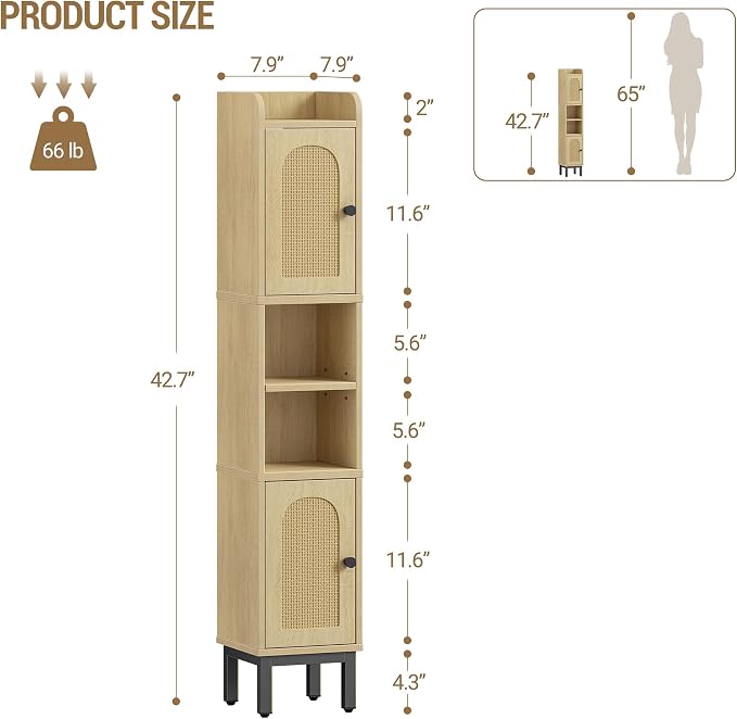 Hzuaneri Slim Bathroom Storage Cabinet, Narrow Bathroom Organizers and Storage with 4 Adjustable Feet, Laundry Room Organization for Small Space, Kitchen, Living Room, 2 Doors Rattan Yellow BC22402Y