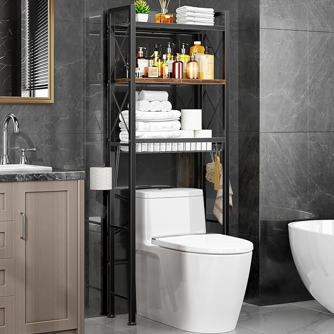 Kalrin Over The Toilet Storage with X Shape Side Guardrail, 3-Tier Over Toilet Storage Rack with Drain Basket, Freestanding Bathroom Organizer for Balcony Laundry, Vintage Brown