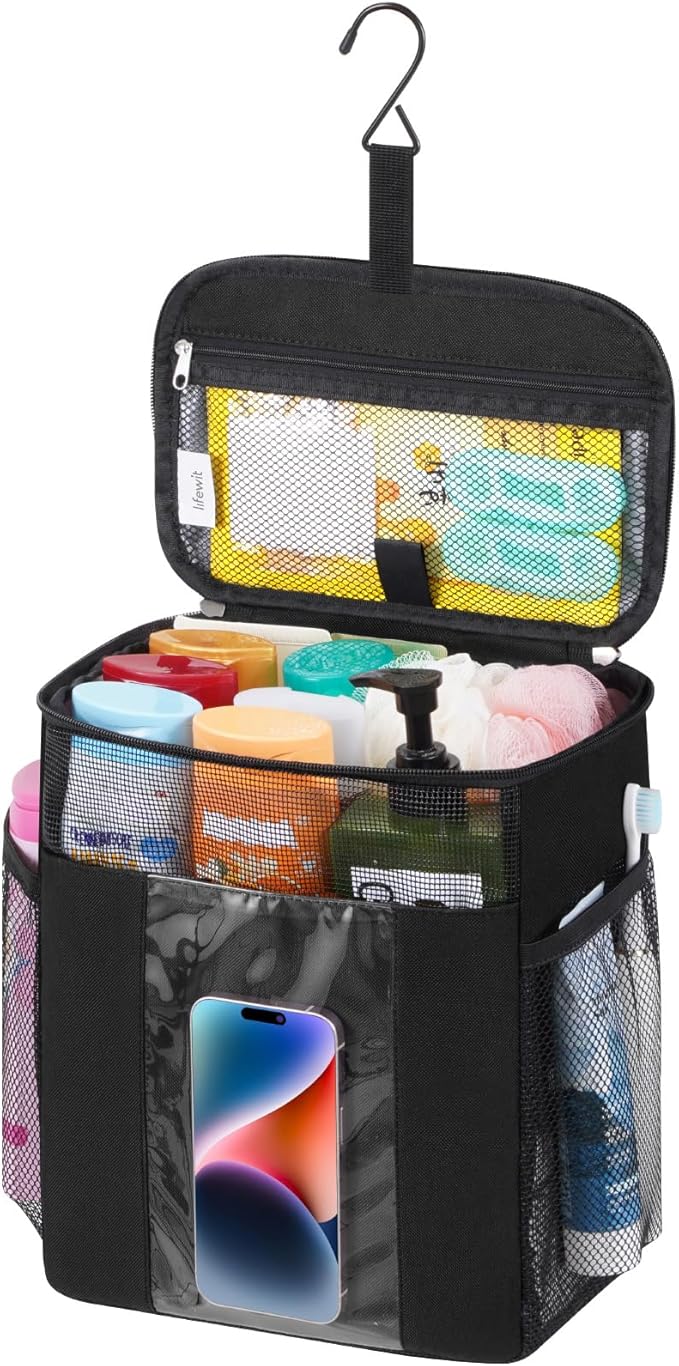 Lifewit Mesh Shower Caddy Bag Portable, Quick Dry Hanging Bathroom Organizer with PVC Phone Bag, College Dorm Room Essentials for Travel, Gym, Camping, Toiletry Tote for Women Men, Large, Black