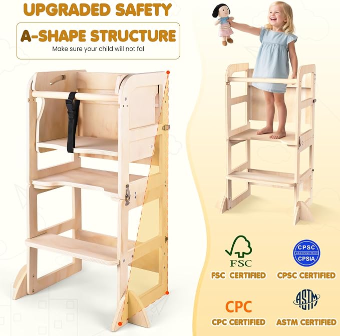 Woodure 6 in-1 Toddler Kitchen Step Stool with Wooden Stool, Foldable Learning Standing Tower with Blackboard & Feeding Tray, Wooden Kitchen Stool Helper for Kids, 1-3 Year Old Boy Girl Gifts