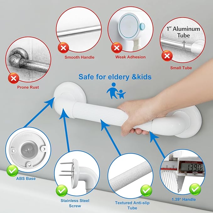 Shower Grab Bar for Wall: 12” ABS Safety Bars for Seniors, Wall Mount Bath tub Handles with Screws & Anchors, Bathroom Support Rails for Pregnant Women & Handicap Users, Toilet & Bathtub Assistance