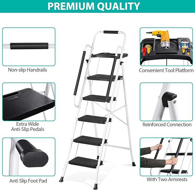 ZENY 5 Step Ladder, Step Stool Foldable with Anti-Slip Pedal & Comfortable Handrail, Sturdy Steel Ladder, Protable Heavy Duty Step Stool for Kitchen, Garage & Outdoor Use (White)