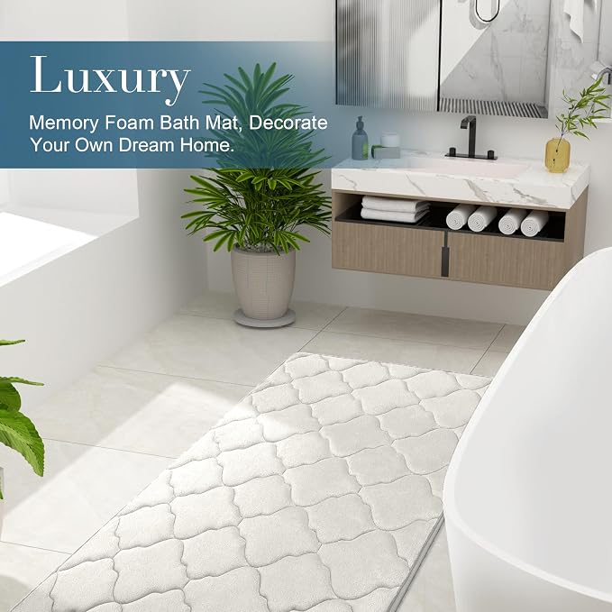 OLANLY Memory Foam Bath Mat Rug 30x20, Ultra Soft and Absorbent Bathroom Rugs, Non-Slip, Comfortable, Machine Washable Bath Carpet for Bathroom Floor, Tub, Shower and Home Decor Accessories, Cream