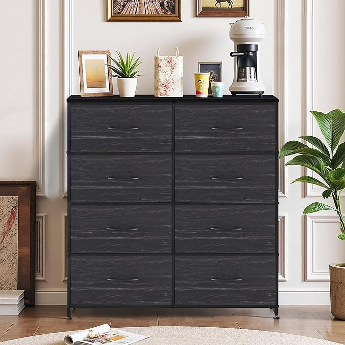 8-Drawer Dresser for Bedroom, Anti-Tip Tall Storage Organizer Chest of Drawers with Wooden Top and Metal Frame Fabric Bins for Closet, Living Room, Hallway, Entryway, Charcoal Black
