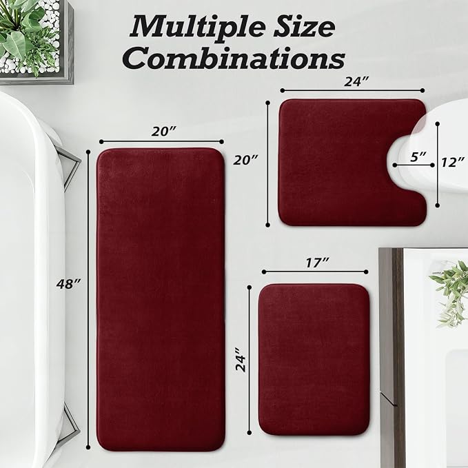 HUXMEYSON Bathroom Rugs Sets 3 Piece, Non-Slip & Quick Dry Bath Mat Set, Ultra Soft Velvet Bath Rugs for Bathroom, Toilet and Shower Floor, Red