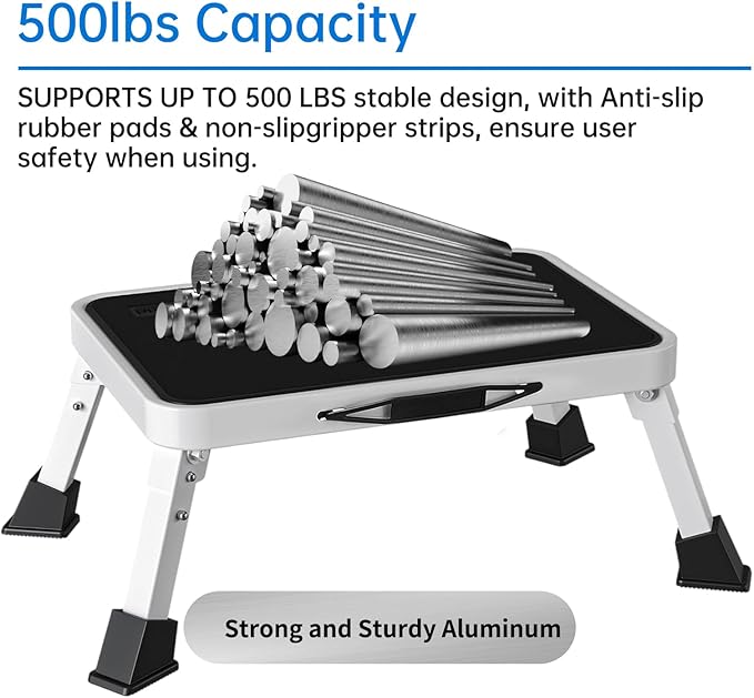RV Step Stool Foldable 1-Step Stool Ladder Sturdy Metal Stable Step Ladder with a Non-Slip Platform Supports up to 500 lb with Non-Slip Rubber Feet, Easy to Carry (White, One-Step)