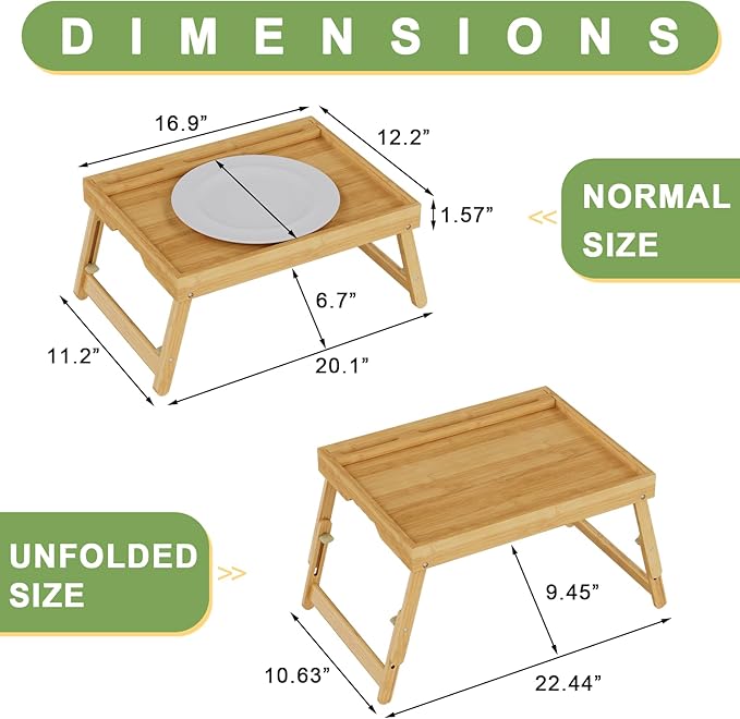 Artmeer Bed Tray Table with Folding Legs, Bamboo Breakfast Food Tray with Media Slot, Use As Platter, Laptop Desk, Snack, TV Tray Kitchen Serving Tray (Bamboo Large Adjustable Legs)