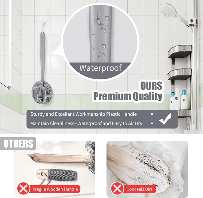 VANZAVANZU Loofah Sponge Set Back Scrubber for Shower, Anti-Slip Plastic 17" Handle Loofah on a Stick with Fluffy Shower Sponge, PE Soft Mesh Shower Loofahs-Gray with White Edge