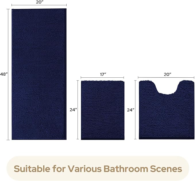 HOMEIDEAS 3 Pieces Bathroom Rugs, Extra Large Ultra Soft Non Slip Absorbent Chenille Toilet Bath Mat Set (Navy Blue)